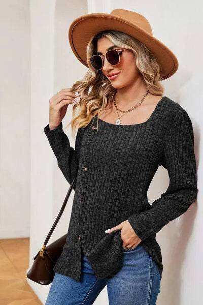 Decorative Button Square Neck T-Shirt Women's T-Shirts - Tophatter Daily Deals